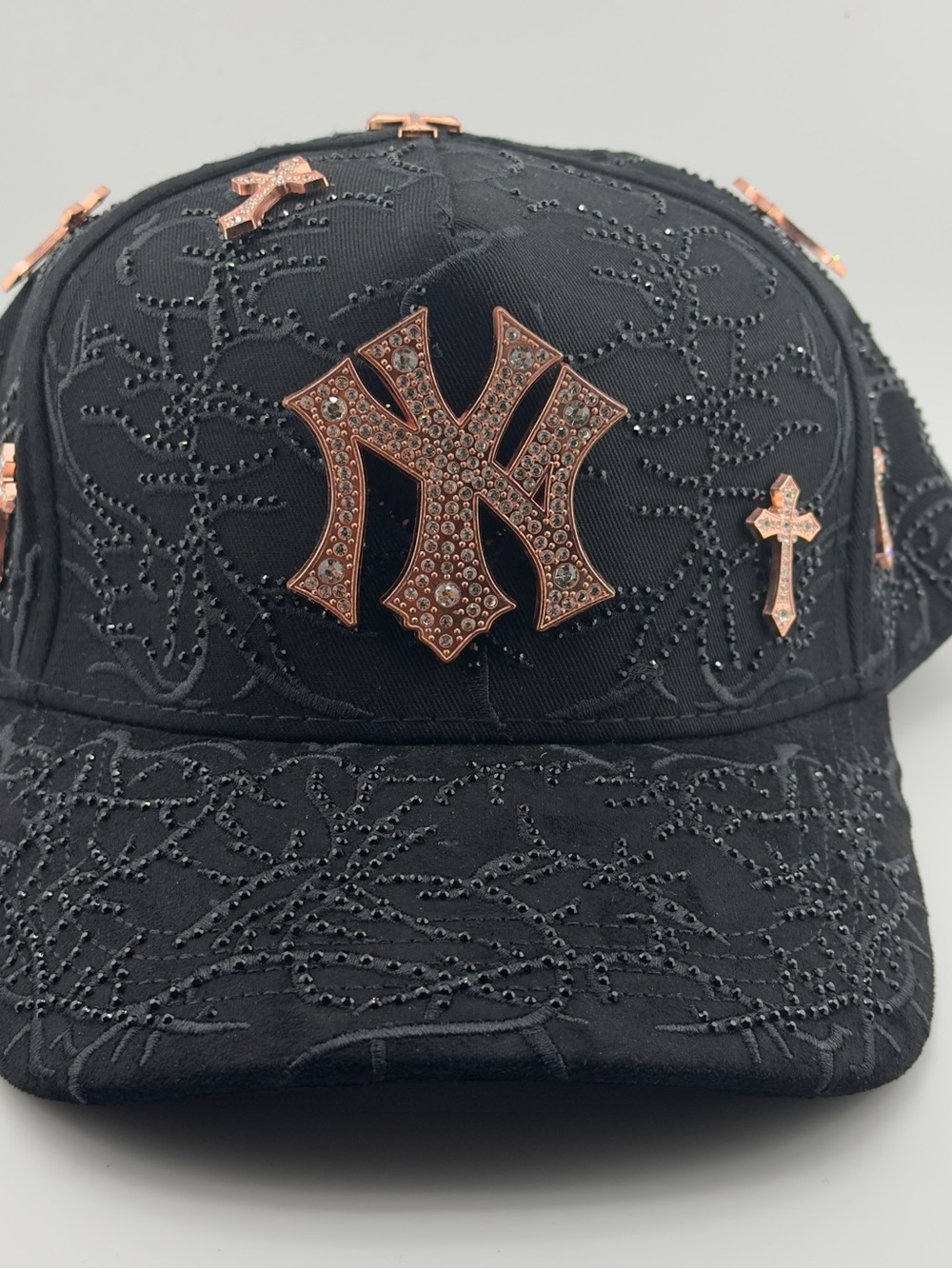 NY mEmbellished Black Baseball Cap with Rose Gold Accents